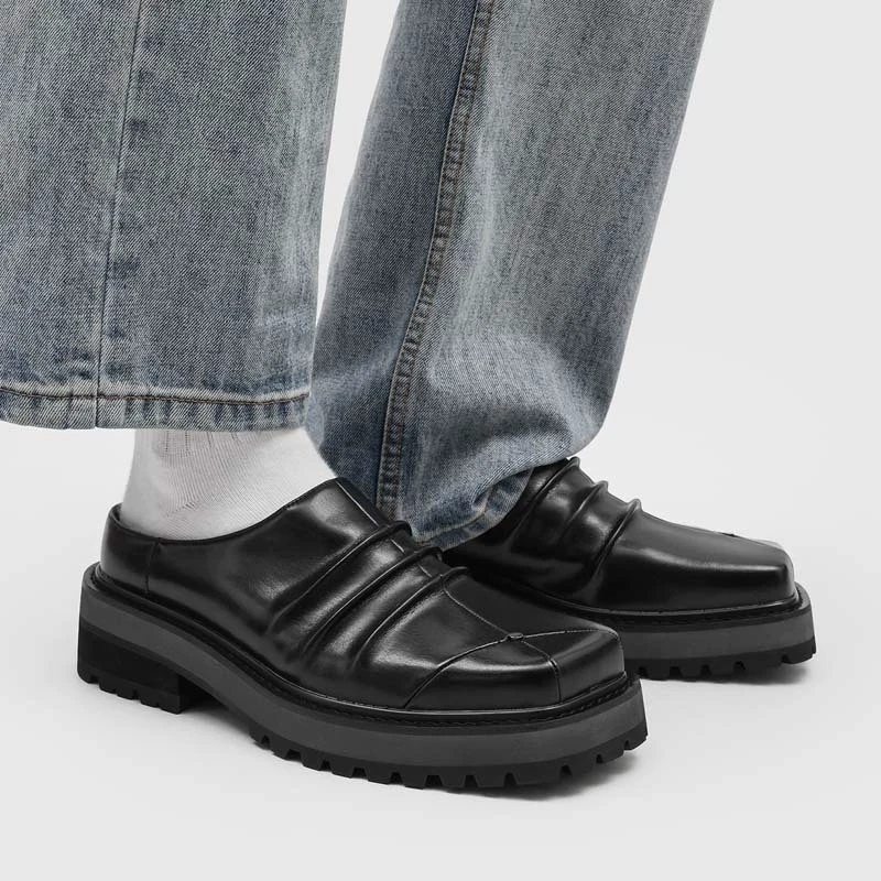Men's Square Toe Mules Thick Platform Slip-On Half Shoes Vintage Pleated Black Loafers Casual Closed-Toe Backless Slipper