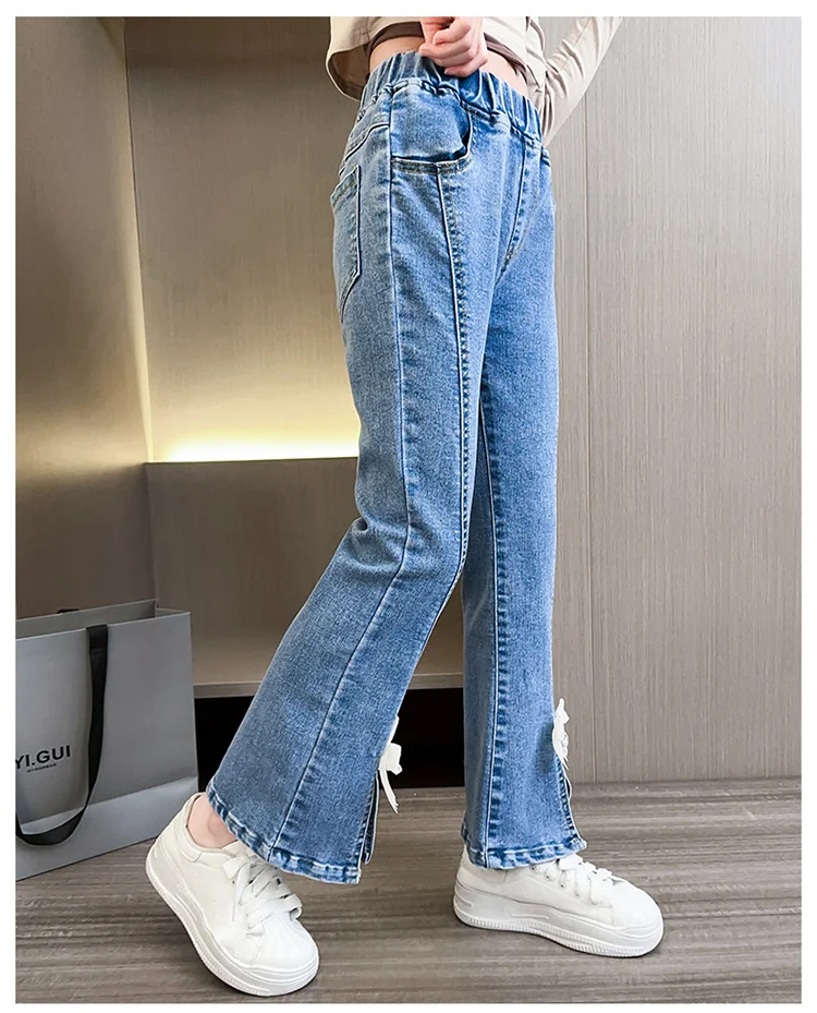 Elegante Kinder-Jeans mit Schlitz und Perlen für Mädchen, schmal geschnittene Denim-Hose mit Schleife, Kinderhose mit Schleife, Größe 5 6 7 8 9 10 11 12 13 14 – Detail 16