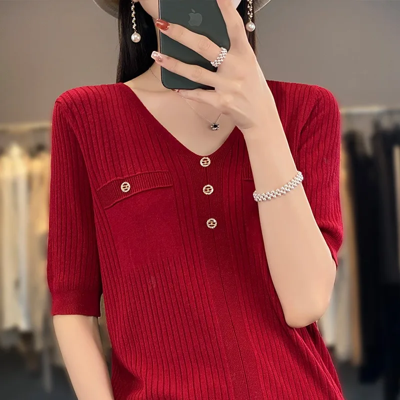 Verano fino hielo seda tejido ort Sve mujer V-ne Faion casual suelto adelgazante versátil aire acondicionado f Sve...