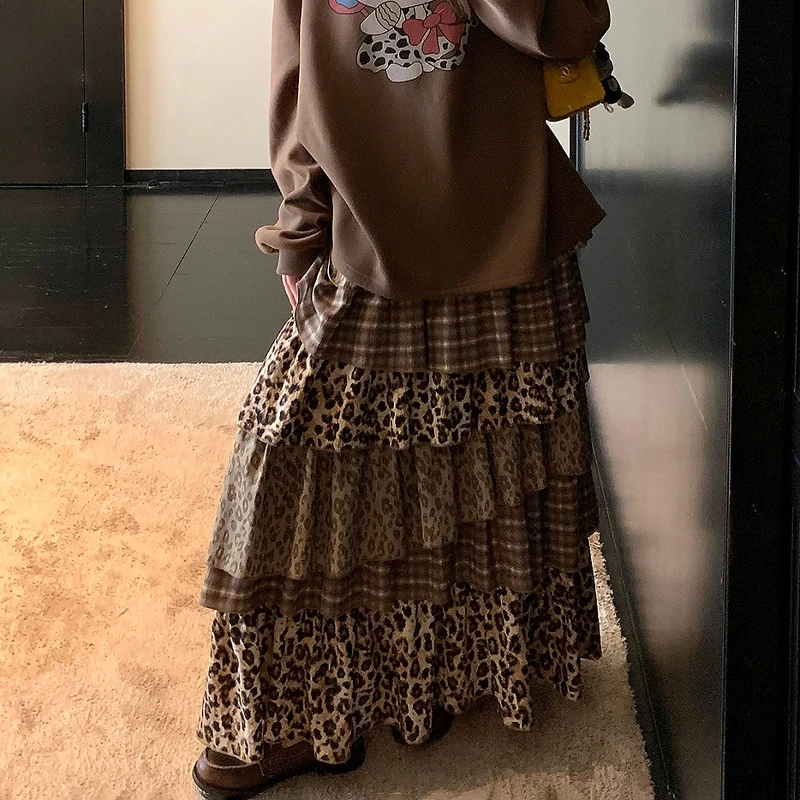 Mid Long Skirts Women Leopard Print Skirt 2025 Goth Lolita Spring Summer High Waisted High Low Ruched Ruffle Pleated Skirts rok