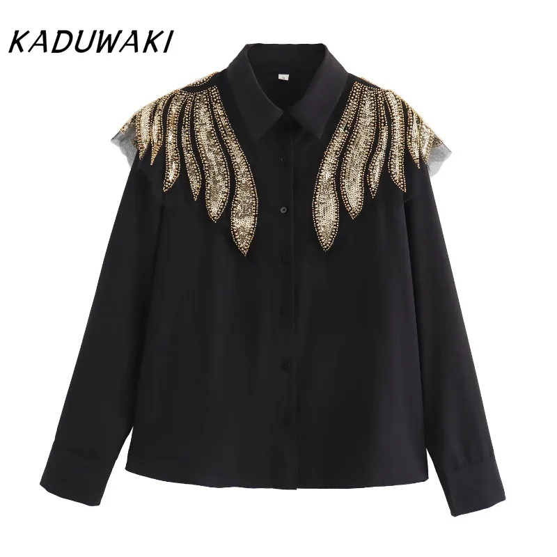 KADUWAKI American Vintage Lapel Long-sleeved Heavy Beaded Decorated Blouses Casual Single-breasted Loose Streetwear Unisex Shirt