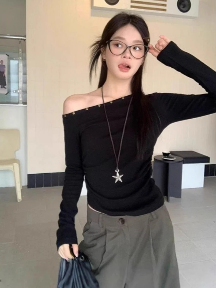 الخريف خمر برشام بلايز الشارع الشهير المرأة انحراف طوق الجرونج تيز Harajuku غير النظامية مطوي Bodycon التي شيرت