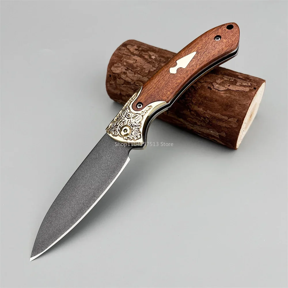 Outdoor Portable Folding Knife 8Cr13Mov Blade Brass Yellow Sandalwood Handle Fruit Peeling Knife Camping Hiking  Practical Tool