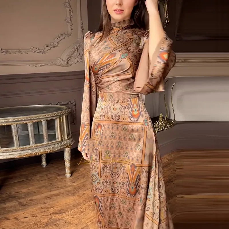 Slim Fit Floral Print Long Sve Bell Sve round Ne Summer New Women's Faion Knitted Polyester Midi Dr A-Line Skirt