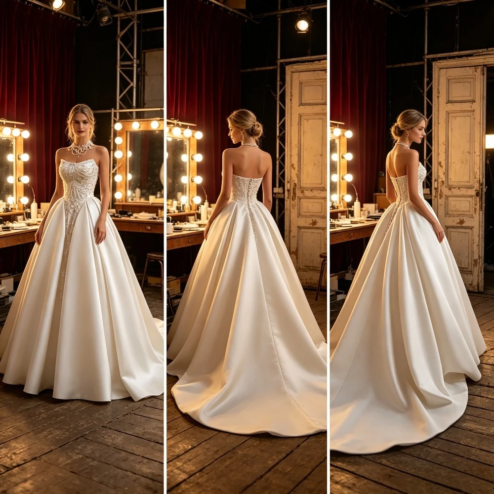 Customized Luxury Strapless Beaded Satin Wedding Dress Waist Cinched Fluffy Princess Bridal Gown Suitable for Formal Occasions