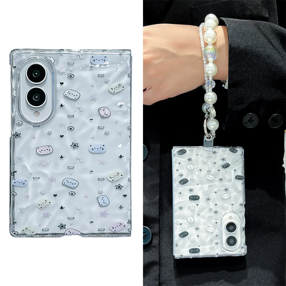 Vintage Mini Rose Floral Wavy Glitter Clear Phone Case For Samsung Galaxy Z Fold8 Ultra Fold7 Fold6 Cover With Pearl Wrist Strap
