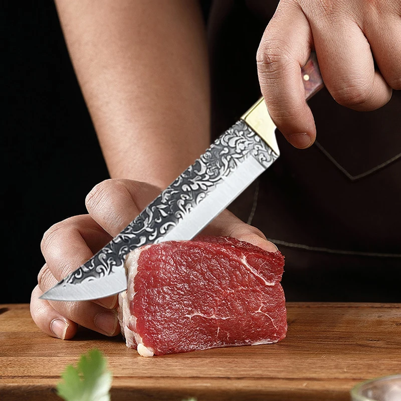 Forged Boning Meat Cleaver Knife Stainless Steel Mongolian Kitchen Hand Meat Fruit Knife Roasted Lamb Steak Knife with Cover