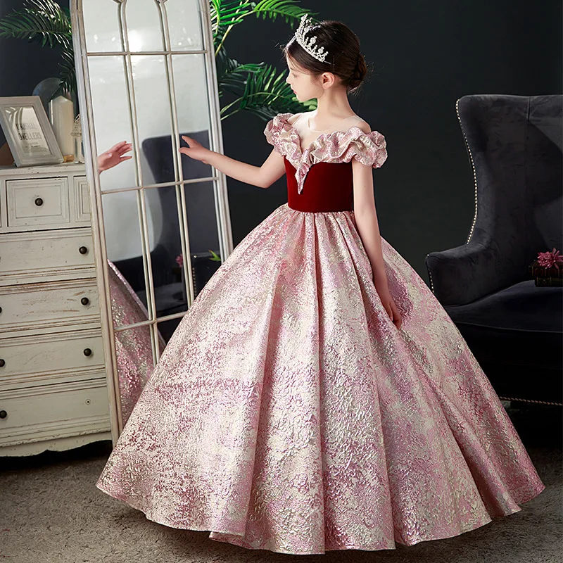 Top Rank Court Style Long Tail Princess Flower Girl Wedding Birthday Party Dresses For Teenager Kids Prom Floor Length Designs