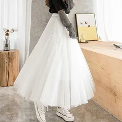 Women Maxi Long Mesh Skirt Korean Clothes Summer Vintage Elastic Waist Swing Hem Skirts Black White Femme
