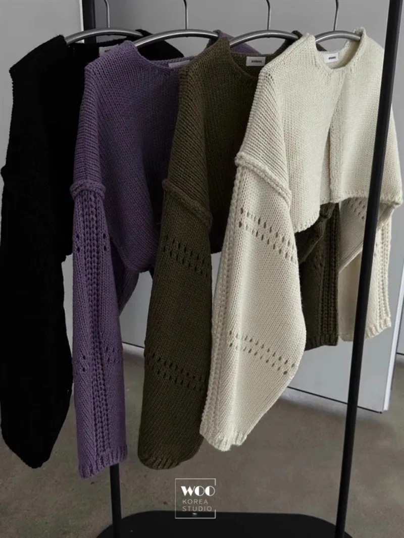 Oversized Sweater Y2k Top Jumper Sueter Mujer Pullover Korean Front Slit Hollow Loose Short Knit Sweaters Clothes Autumn Style