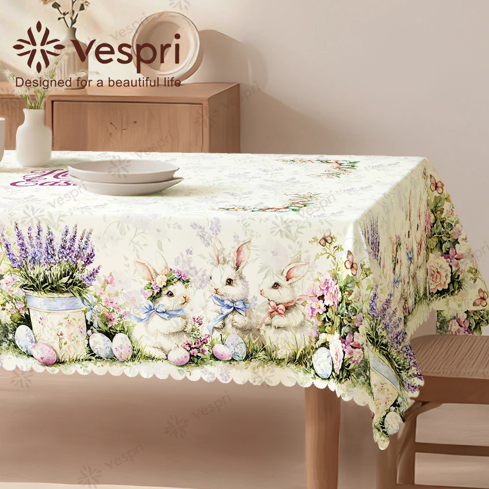 Vespri Oster-Tischdecke mit Hasen-, Blumen- und Eier-Mustern, Weiß-Hellgrün, Rund, Rechteckig, Oval, aus Polyester für Partys