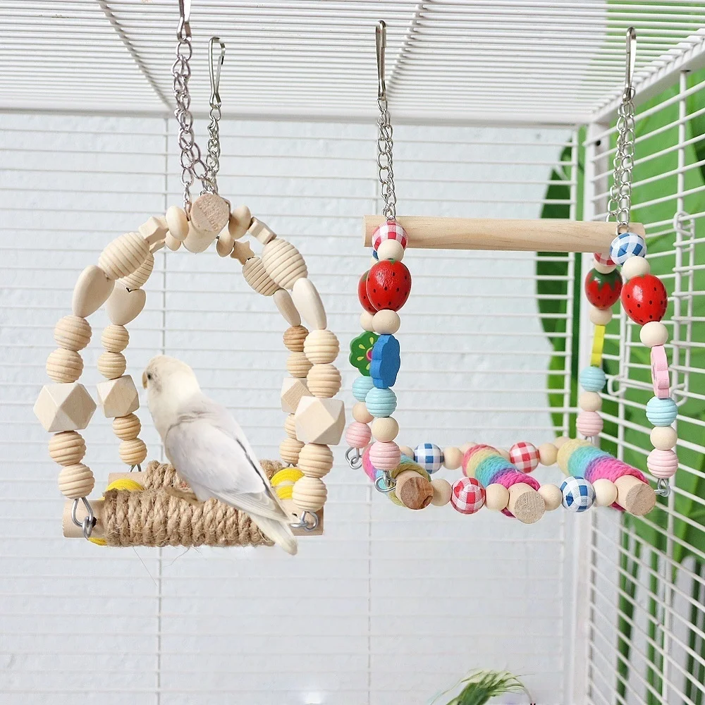 

Bird Swing Toys Parrot Chew Toys with Perch Colorful Beads Hanging Cage Accessories for Budgies Cockatiels Parakeets Lovebirds