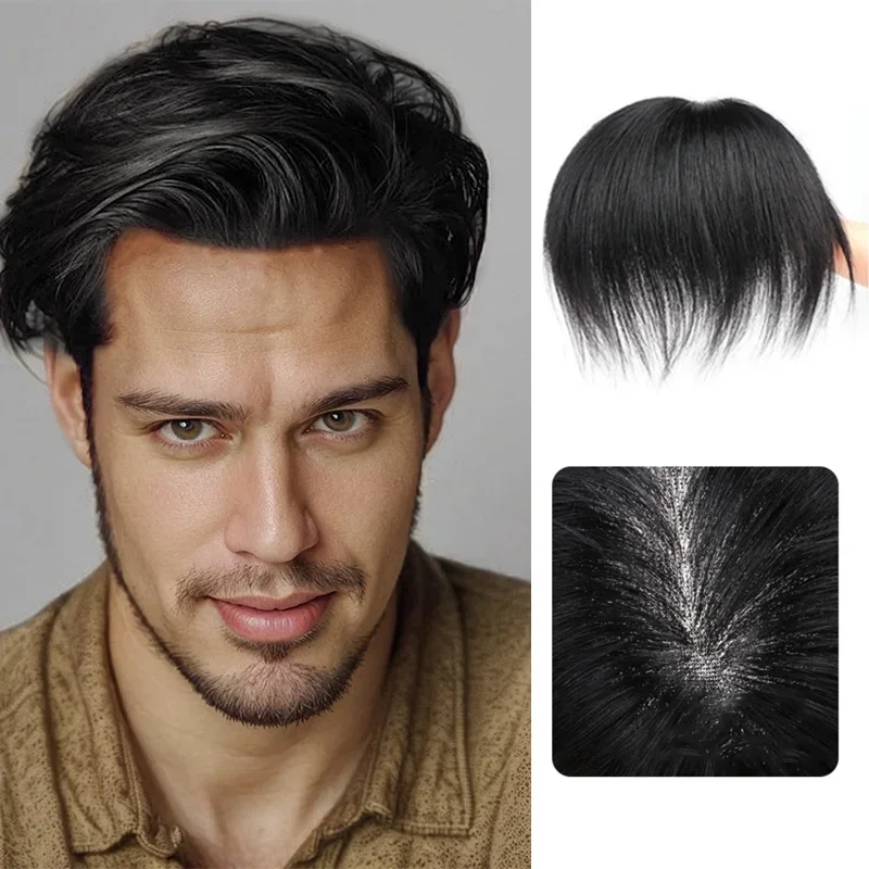 Parche de pelo de repuesto para hombre, cabello Real, tejido a mano, ligero, malla de seda de una sola capa, transpirable, peluca Invisible para la frente