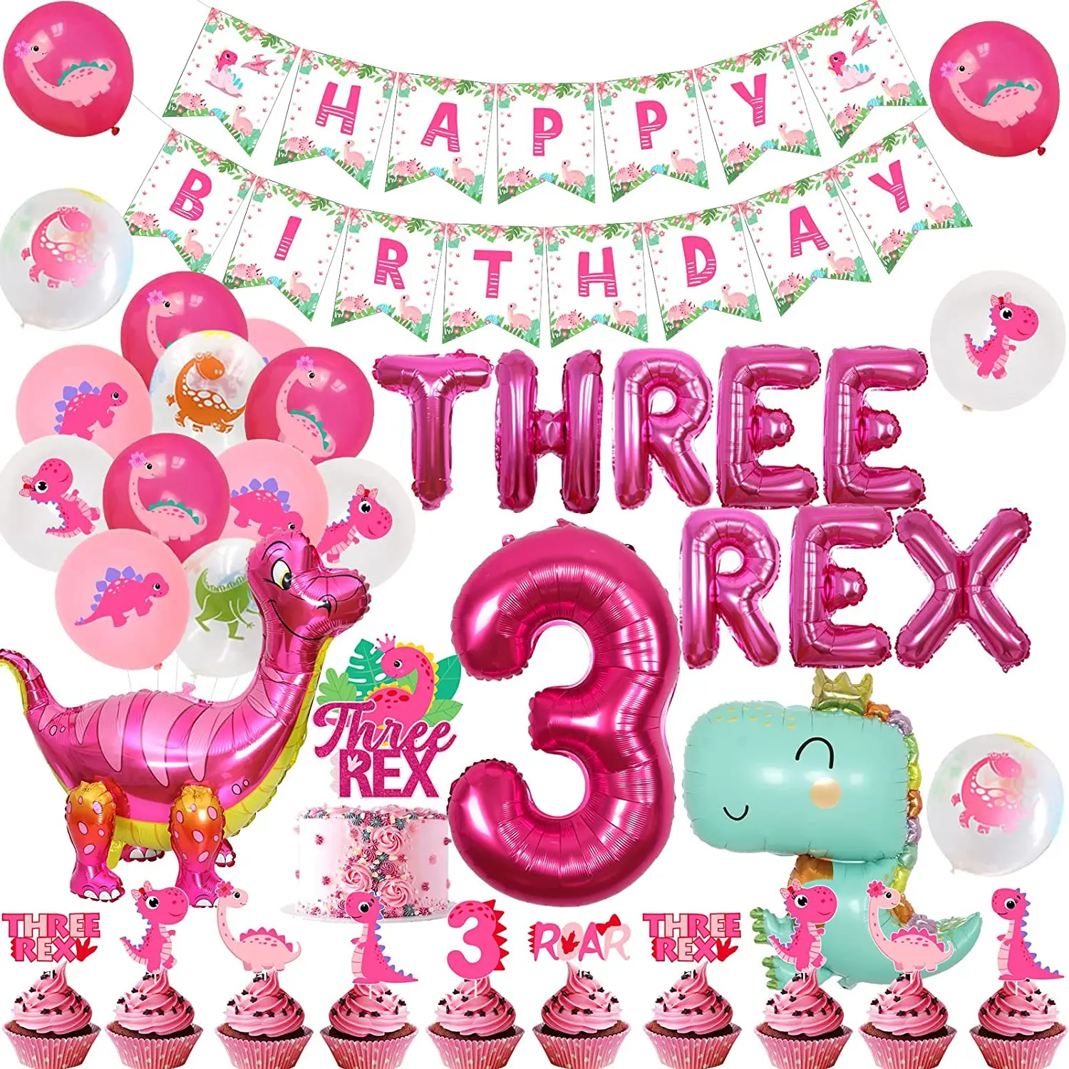 

Three Rex Birthday Party Decorations Girl Pink Dinosaur 3rd Birthday Supplies Roar Dinosaur Balloons Cake Toppers Banner 3 Years