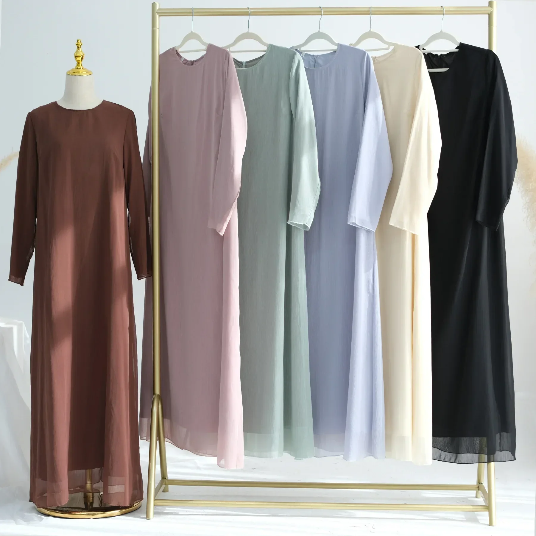 Muslimisches Set, einfarbiges Chiffon-Langarmkleid und vorne offenes Abaya, Ramadan-Abaya, islamische Kleidung, bescheidene Kleider für Damen