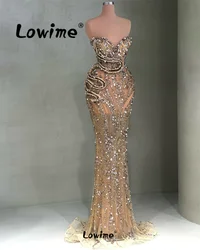 Champagne Evening Dress Arabic Party Second Reception Engagement Gowns Beaded Sequined Mermaid Prom Dresses Long Customize Robes