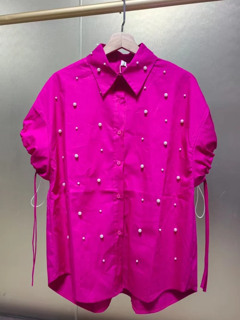 Real Photo Pears Beads Stitch Loose Casual Cotton Shirts Blouses Women 2025 Summer Short Sleeve  Tops Woman Clothing