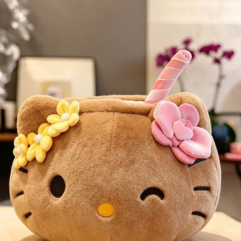 Hello Kitty Dark Skin Dai Yellow Flower Have Pipette Coconut Modeling Plush Stuffed Toy Cartoon Ornament Birthday Gift for Women