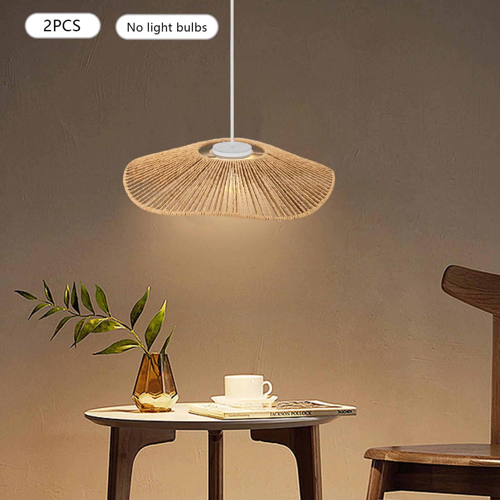 2 Stück 30cm Retro Rattan Gewebter Lampenschirm, Neuer Chinesischer Stil Handgeknüpfter Runder Lampenschirm, Gelber Papierschnur-Deckenleuchter