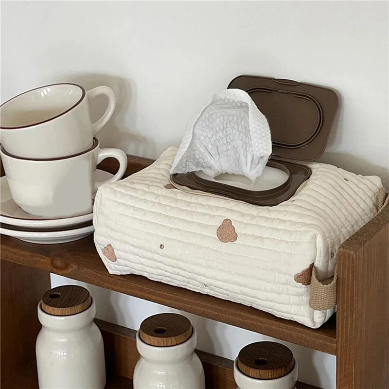 Bolsa de almacenamiento de pañuelos colgante de oso de dibujos animados, soporte de pañuelos, bolsas de almacenamiento de toallas de papel de algodón, organizador de viaje familiar, estuche de pañuelos de vehículo