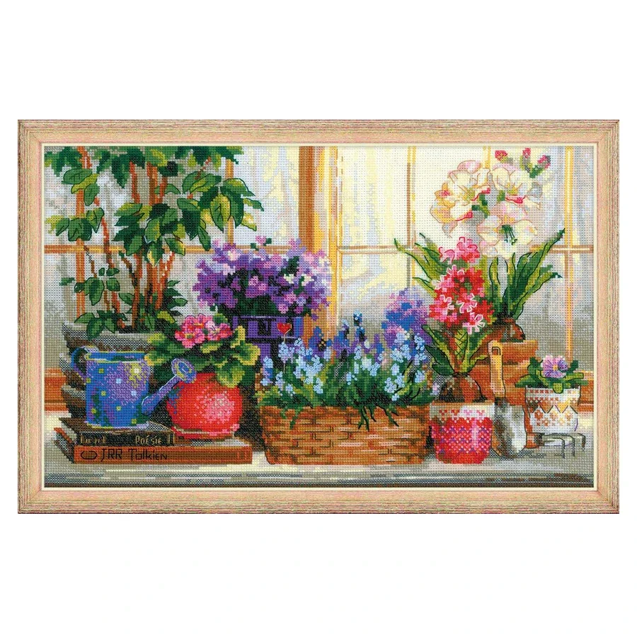 Windowsill with Flowers, Amishop Counted Canvas Cross Stitch Kits, Beautiful Garden, Plant, Embroidery, Riolis 1669