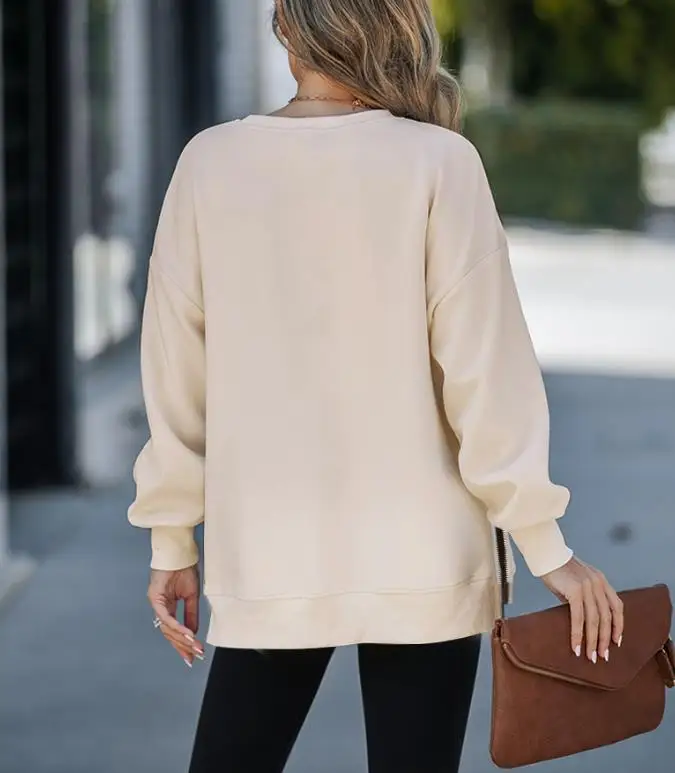 Women's Sweatshirts 2025 Spring New Round Neck Drop Shoulder Long Sleeve Zipper Side Slit Sweatshirt Casual High-Low Hem Top