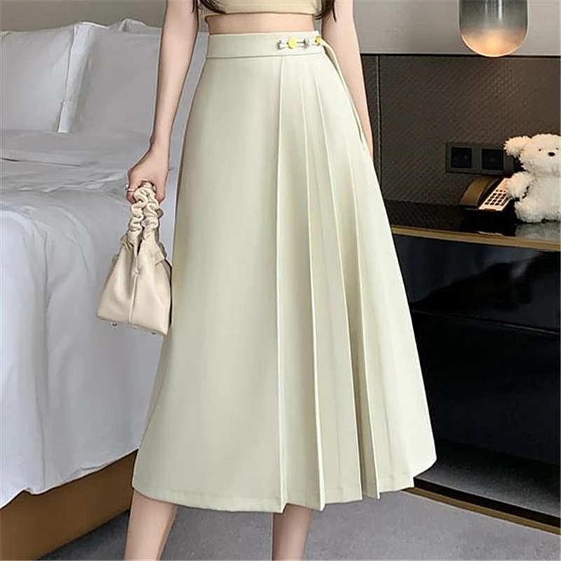 Seoulish Solid Color High Waist Women\'s Pleated Skirts Summer 2024 New Office Lady A-Line Mid Length Casual Skirts Female Spring