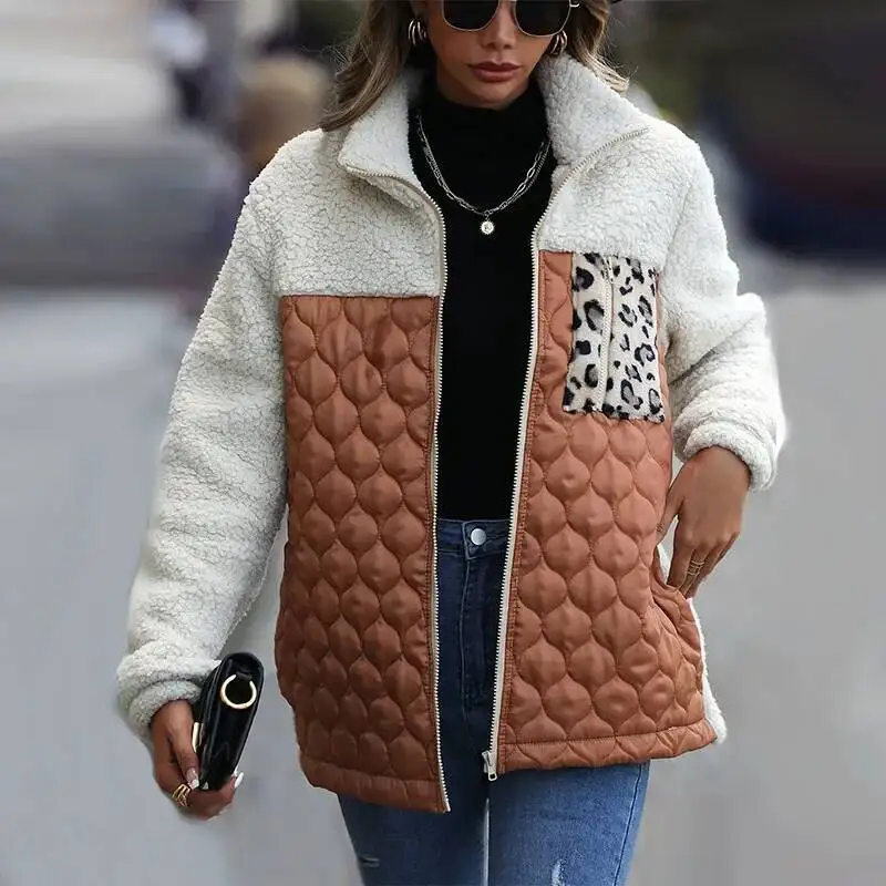 

Women Polar Fleece Coats Autumn Winter Thicken Warm Ladies Zipper Stand Collar Jackets Fashion Leopard Print Patchwork Outerwear