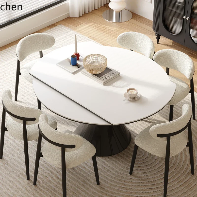 W5.19 retro microcrystalline stone round table household small retractable rock slab dining table