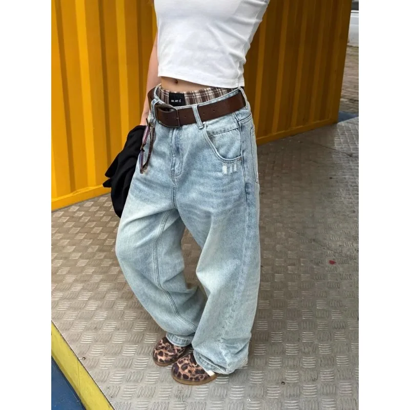 

Wash Retro Light Blue Neutral Denim Trousers Women's Summer Cool Girl Pants Vintage Bottoms Female High Waist Wide-leg Jeans