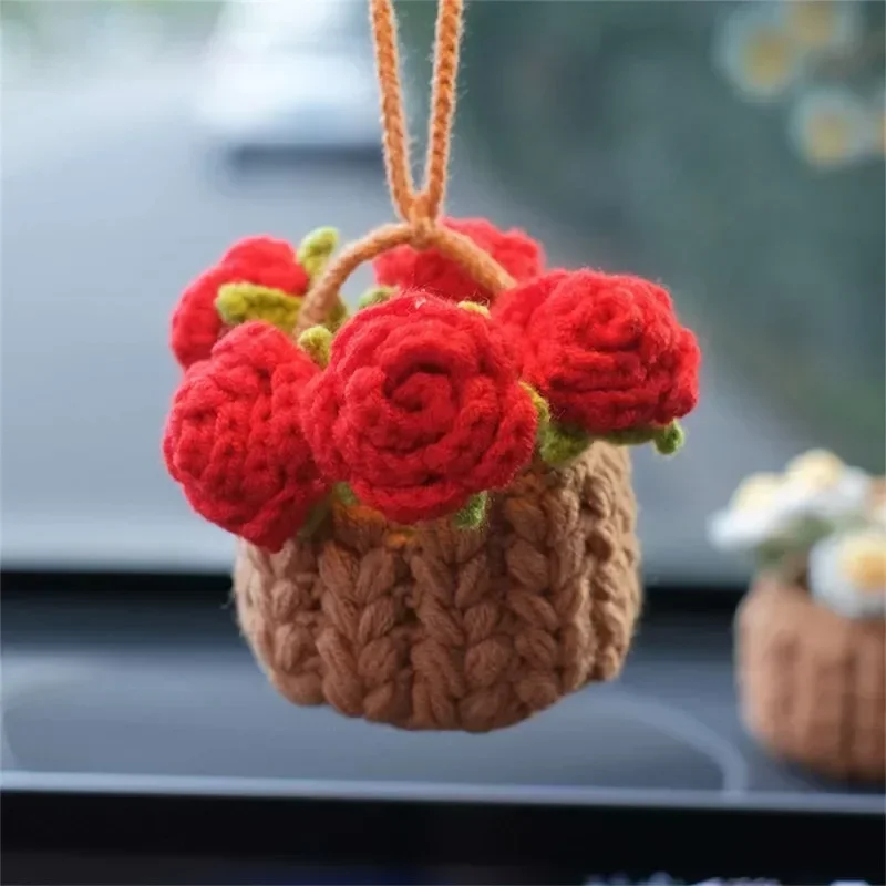 Cute Car Accessories,Car Mirror Decor Knitted Flower Baskets Car Rearview Mirror Handmade Crochet Pendant Ornament Gift Bonsai