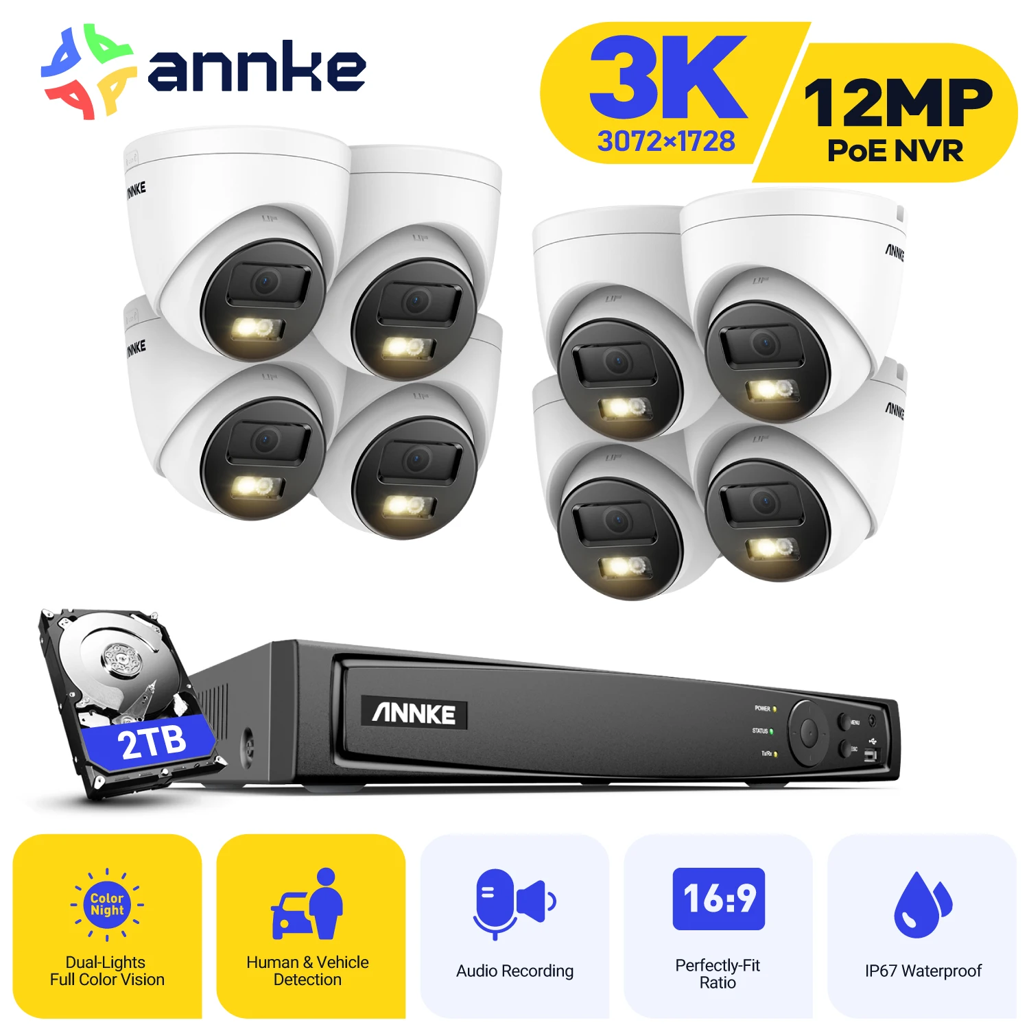 ANNKE 8CH POE Network Video Surveillance Kit 12MP NVR IR Network 5MP Security Camera Smart Dual Light Motion Detection System