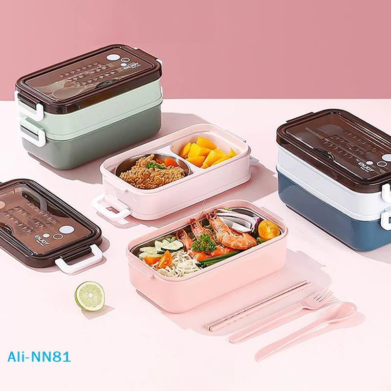 【N】Start Season Double-Layer Microwave Oven Lunch Box, Including Soup Bowl, Knife, Fork and Spoon, School Lunch Box