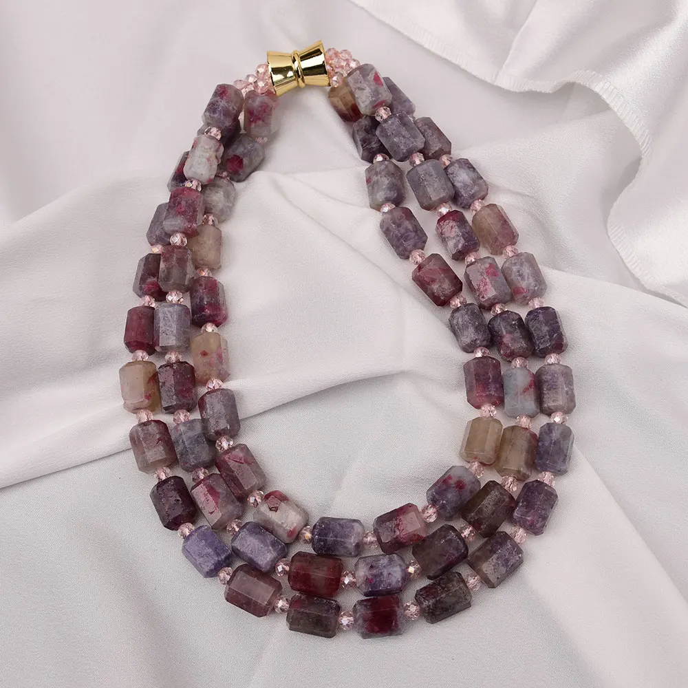 

G-G 3 Rows Heavy Jewelry Natural Red Tourmaline Quartz Faceted Nugget Gems Stone Big Necklace Handmade