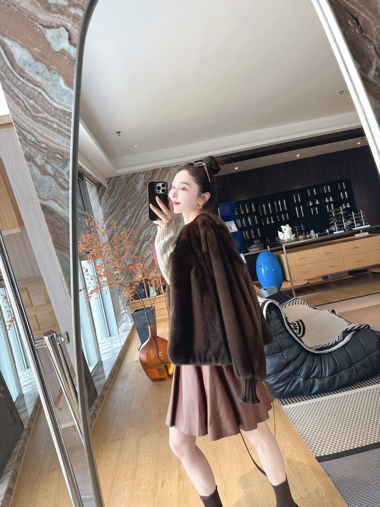 Lautaro Autumn Winter Brown Thick Warm Soft Faux Mink Fur Coat Women Lantern Sleeves Elegant Luxury Chic Fluffy Jacket 2026