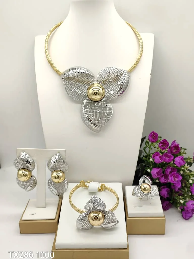 

Yulaili Brazilian Flower Shaped Gold Jewelry Set Necklace Earrings Bracelet Ring for Women Party Wedding X00086