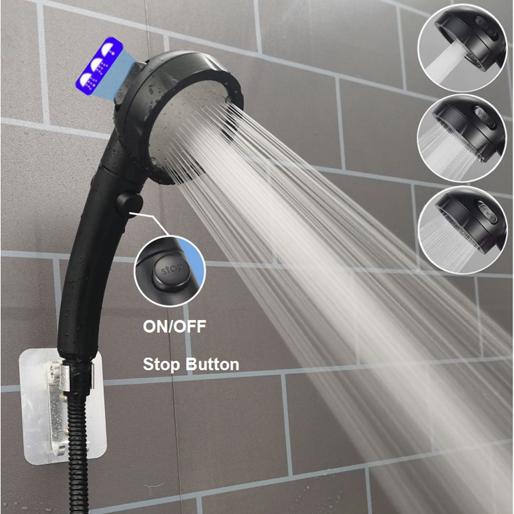 

Bathroom High Pressure Shower Head 3 Modes Black Saving Water Handheld Shower With Stop Button Rainfall Pressurized Shower Head