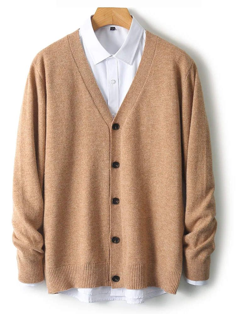 Men's Autumn Winter 100% Merino Wool Knitted Sweater V-Neck Casual Loose Cardigan Warm Comfortable Solid Basic Clothing Tops