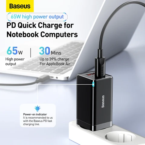 Baseus 65W USB-C зарядное устройство с поддержкой Quick Charge 4.0 и PD для iPhone и MacBook — пример использования