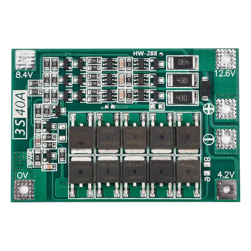 BMS 3S 12V 40A Lithium Battery Protection Board PCB Charger Protection Board Module Board with Balance Charging Auto Recovery
