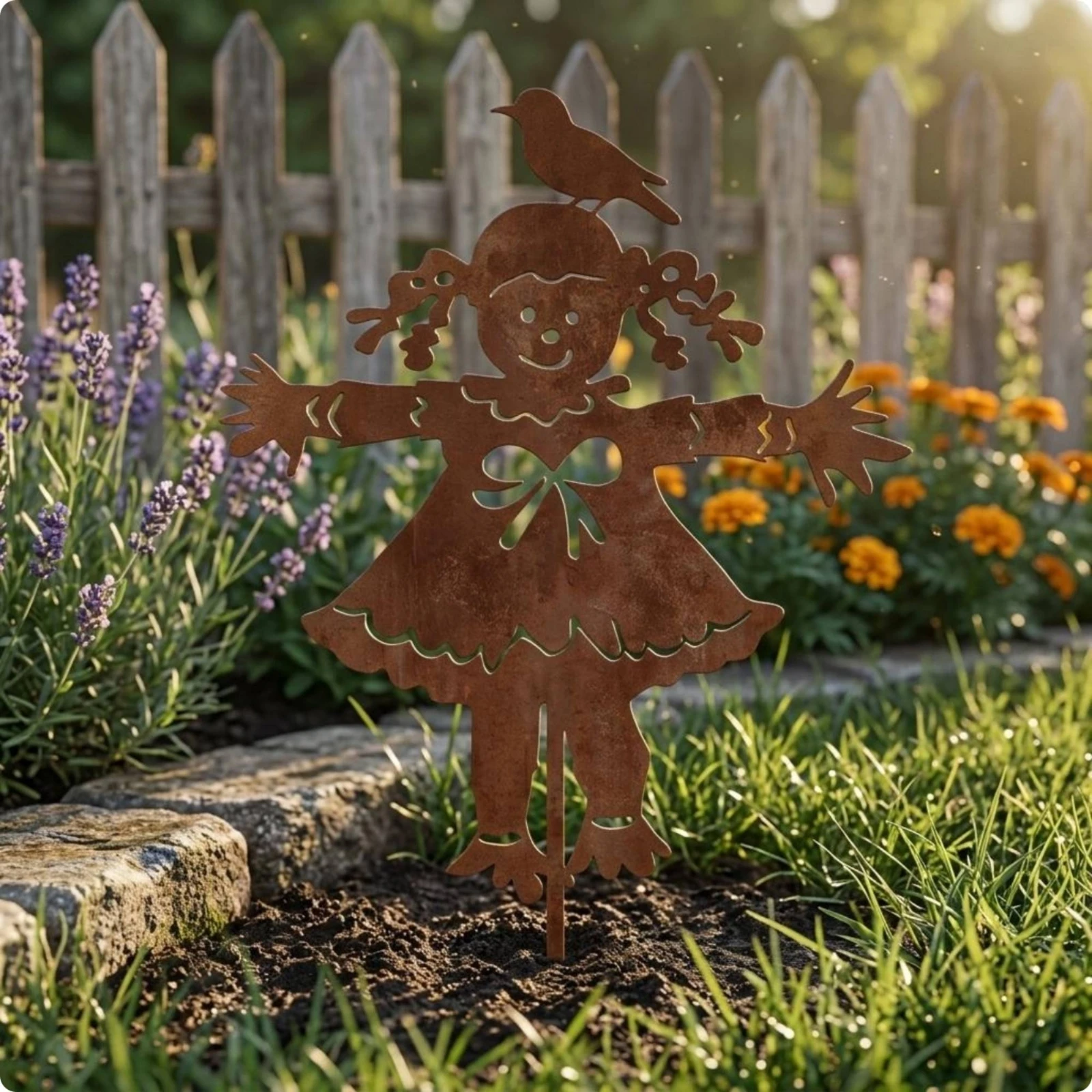 Metal Scarecrow Stake Rust Finish Scarecrow Stake Rusted Garden Outline Iron Outdoor Decor Weather-Resistant for Lawn, Villa