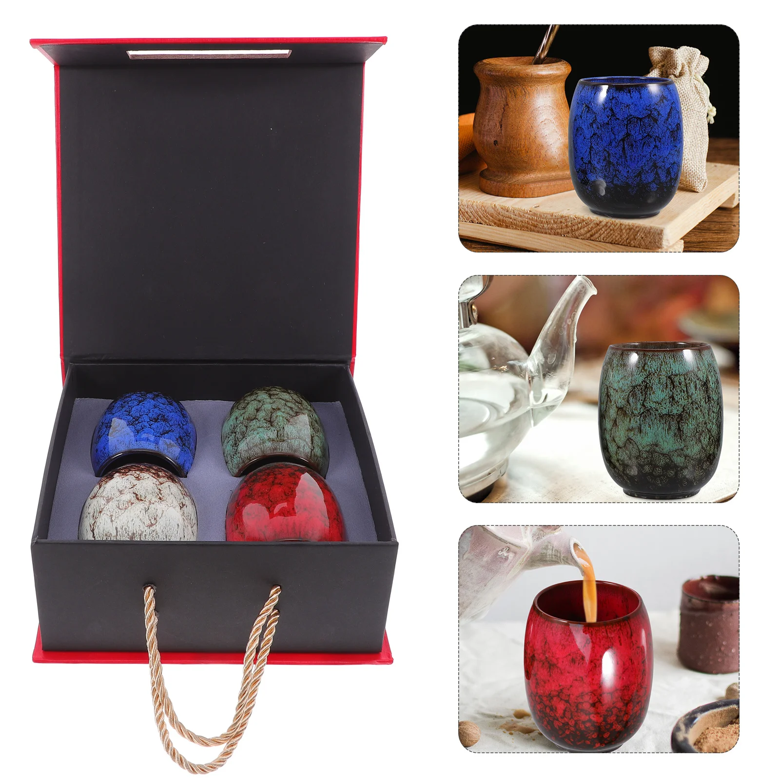 

4Pcs Ceramic Coffee Tea Cups Japanese Style Glaze Porcelain Mug Multifunctional Set Box Gift for Holidays Birthdays