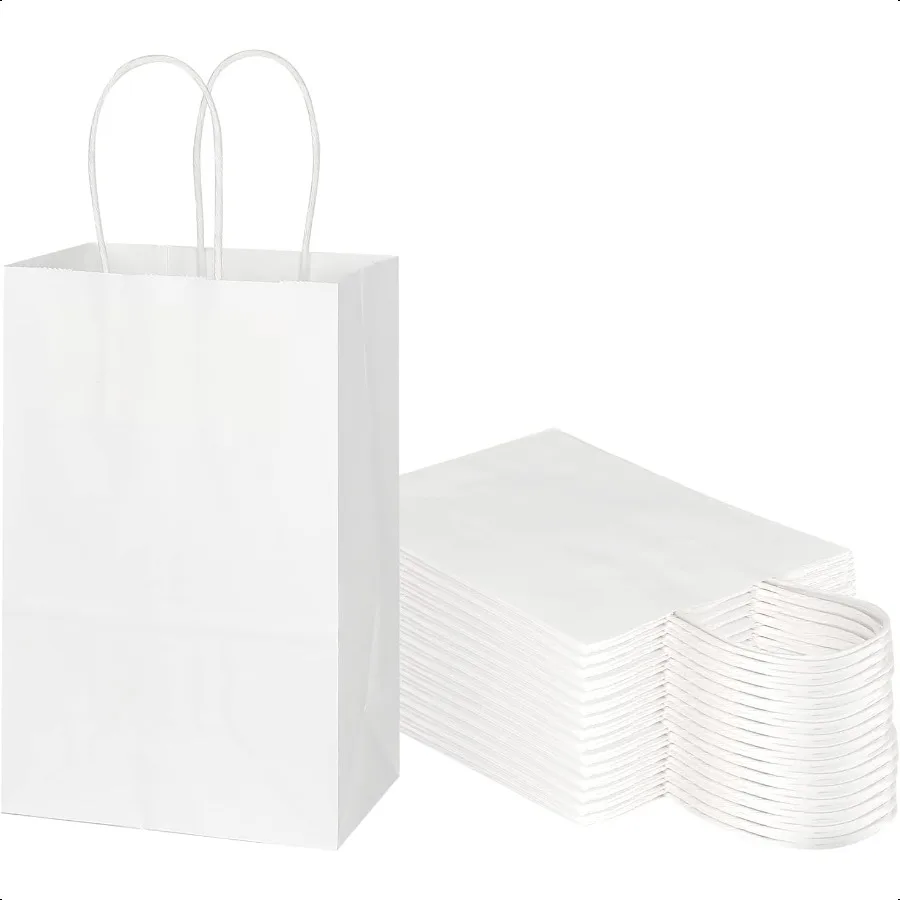 

50 Pack 5.25x3.25x8.25 Inch Small White Kraft Paper Bags with Handles Bulk Gift Wrap Bags for Favor Grocery Retail Party Birthd