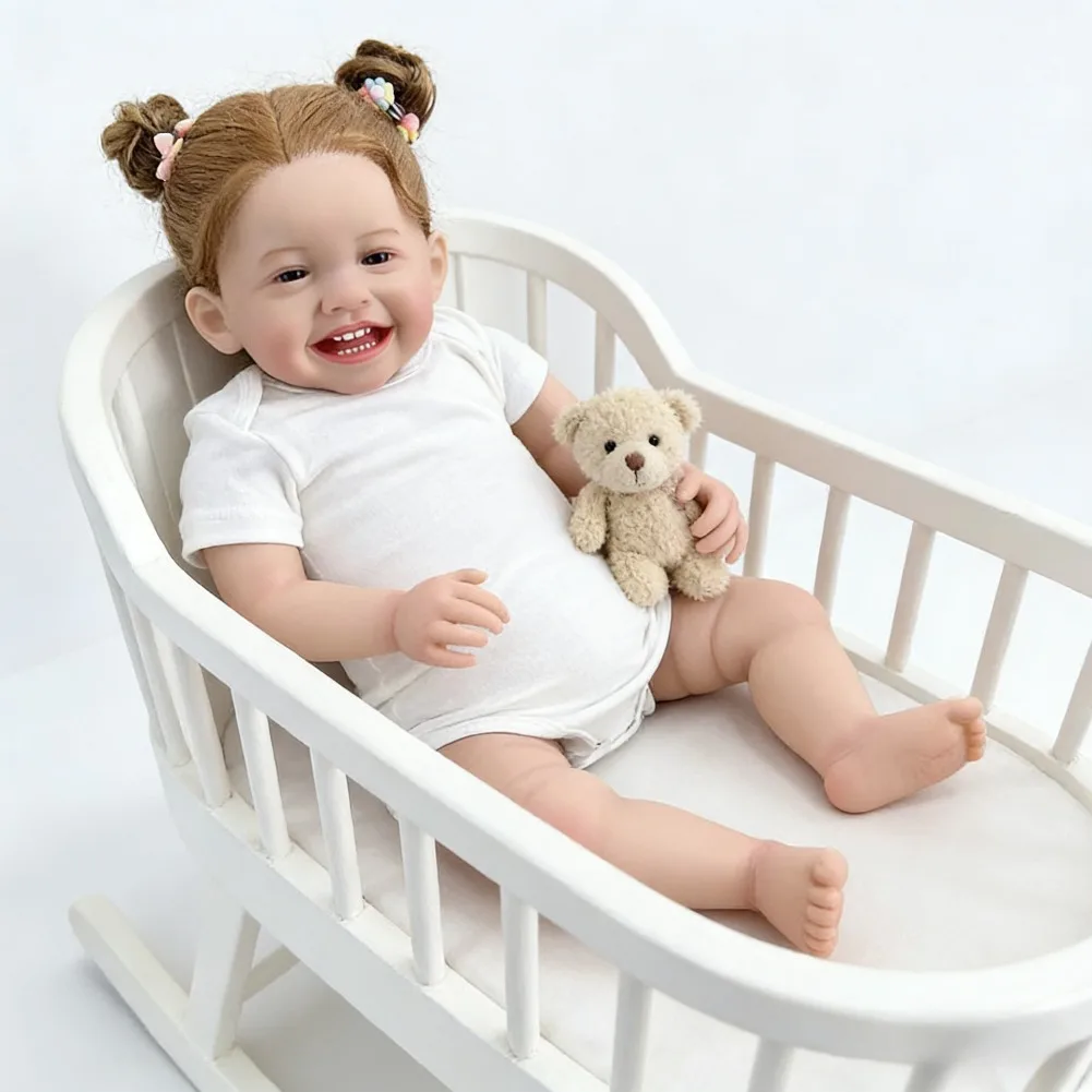 Boneca Bebê Reborn de 63CM 25 Polegadas Menina Sorridente Mila com Cabelo Longo Corpo Macio Bonecas de Bebê Realistas Adoráveis