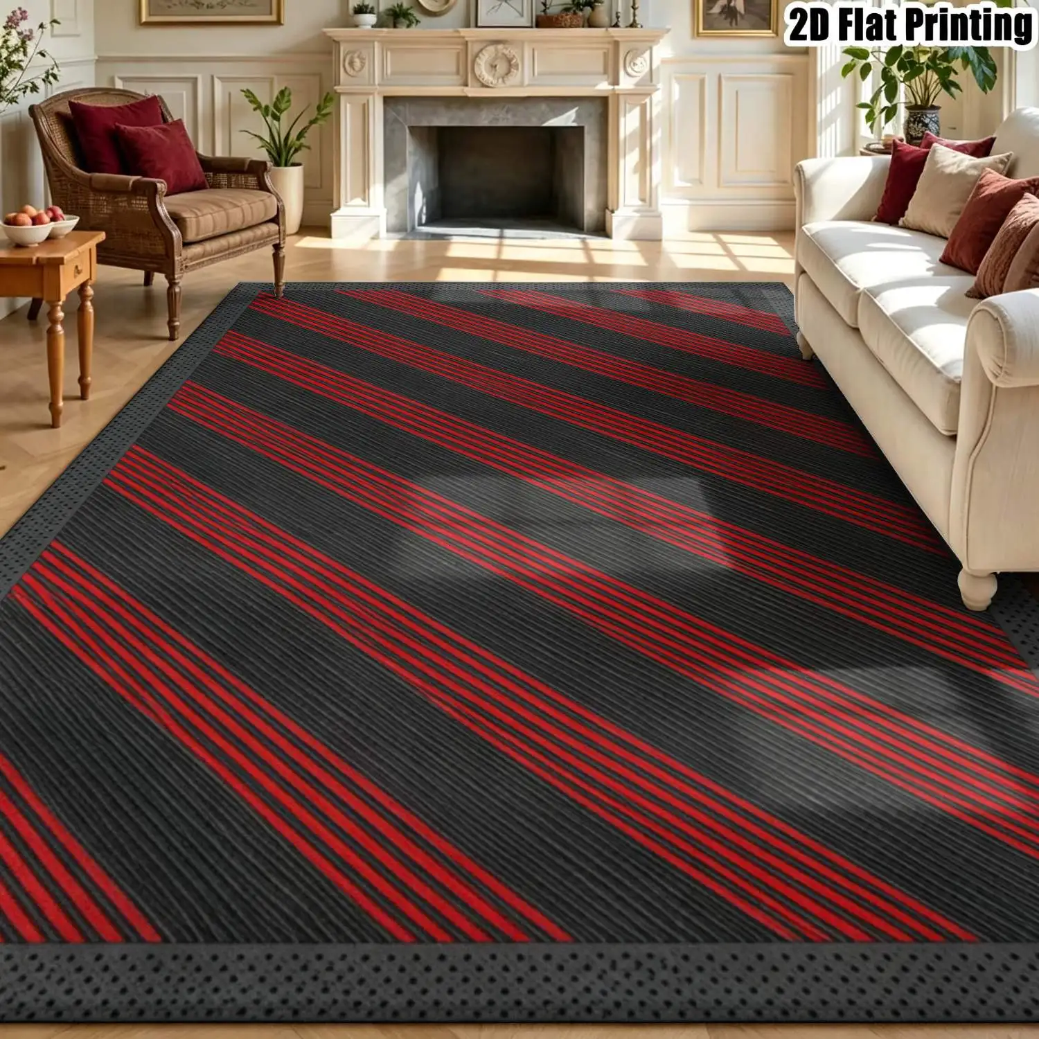 1Pc 2D Printed Carpet: Black Base Red Stripes, Nordic/Modern Minimalist/European Design, Instagram Floor Mat, Geometric Striped Home Decor, Multi-Size, Machine Washable, for Entryway, Dining Room, Foyer, Bedroom, Living Room.