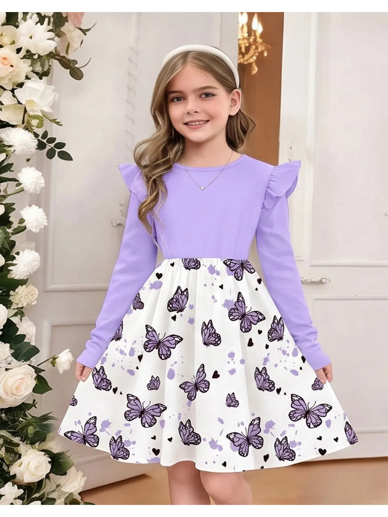 Children's Casual round Neck Dress with Butterfly Print Ruffled Long Sleeves Waist Cinched Mid-Length Skirt