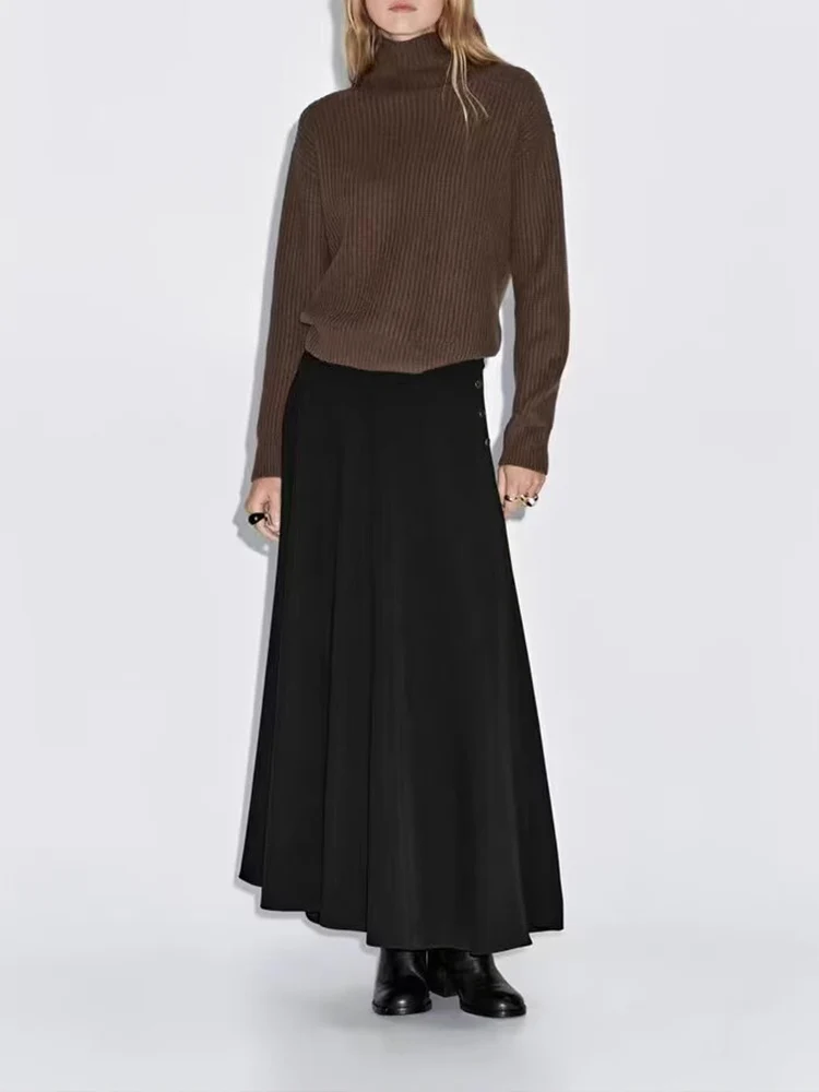 

European style new women's fashion all-match temperament solid color design buttoned half-length flared long skirt