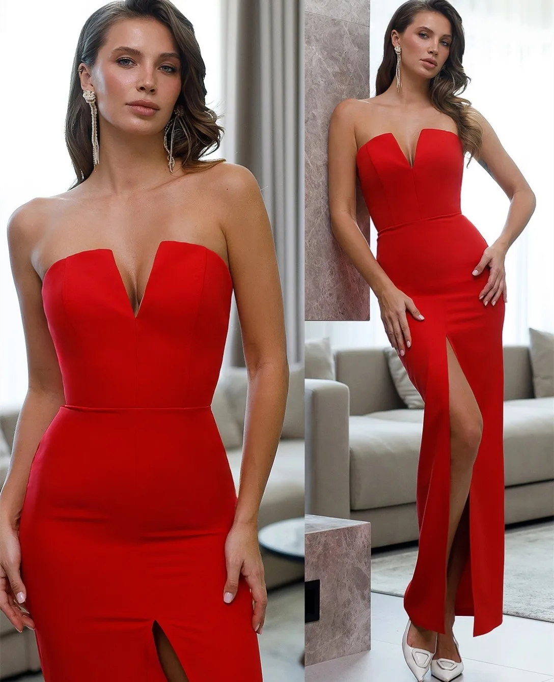 

Customized Short Red Evening Dresses with Slit فساتين سهرة Mermaid Crepe V-Neck Ankle Length Prom Dress for Women