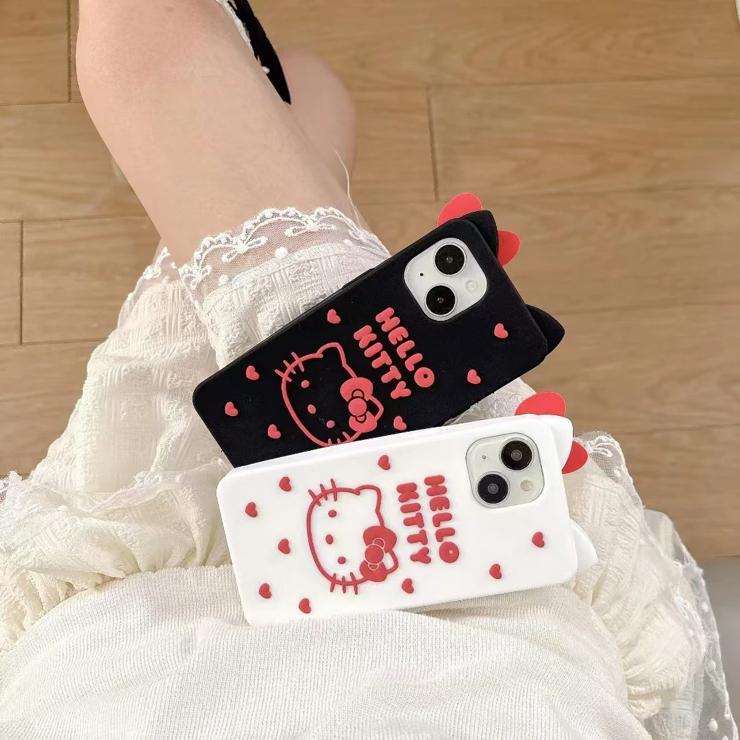 Kawaii 3D Cartoon Bow Hello Kitty Case Soft Silicone Cover For iPhone 6 7 8 X XS XR 11 12 13 14 15 16 Plus Pro Max