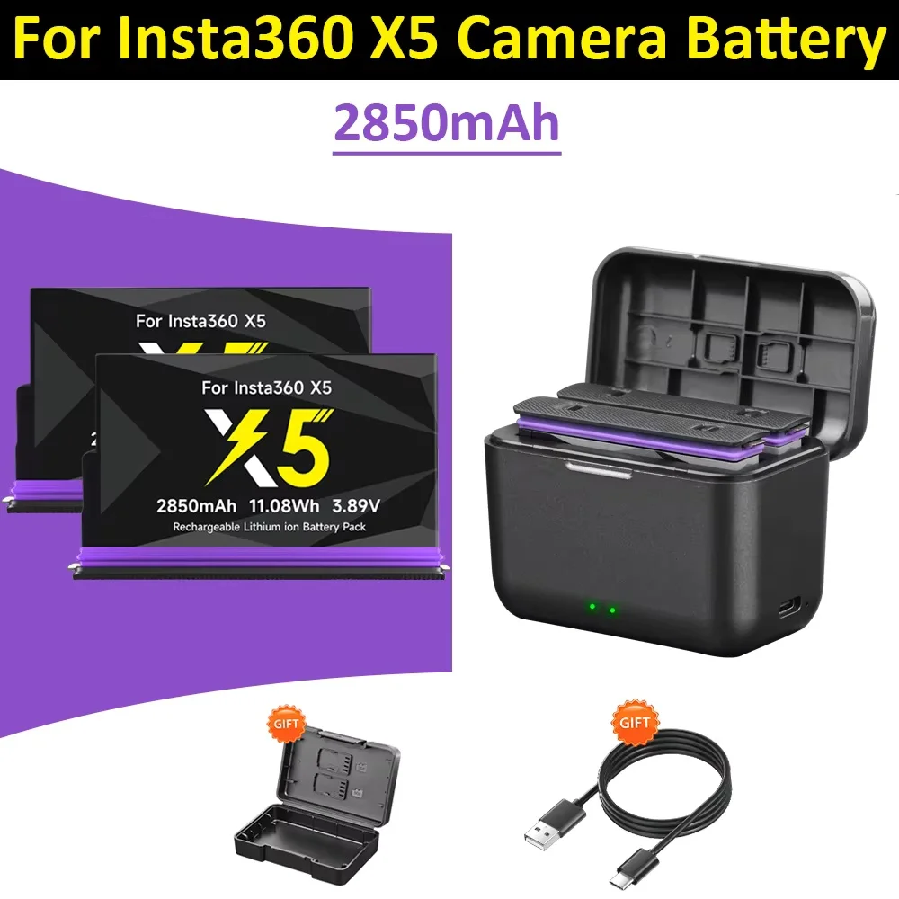 2850mAh High Capacity For Insta360 X5 Camera Battery-2-Slot LED Portable Fast Charger For Insta 360X5 Action Camera Accessories